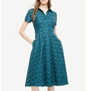 Ann Taylor Floral Eyelet Flare Shirt Dress Deep Teal Iris Midi Button Up Size 6